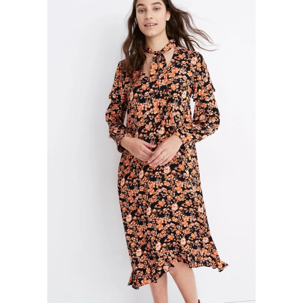 Baum Und Pferdgarten Ani Black Orange Floral Tie Neck Midi Dress 4/6 S M
